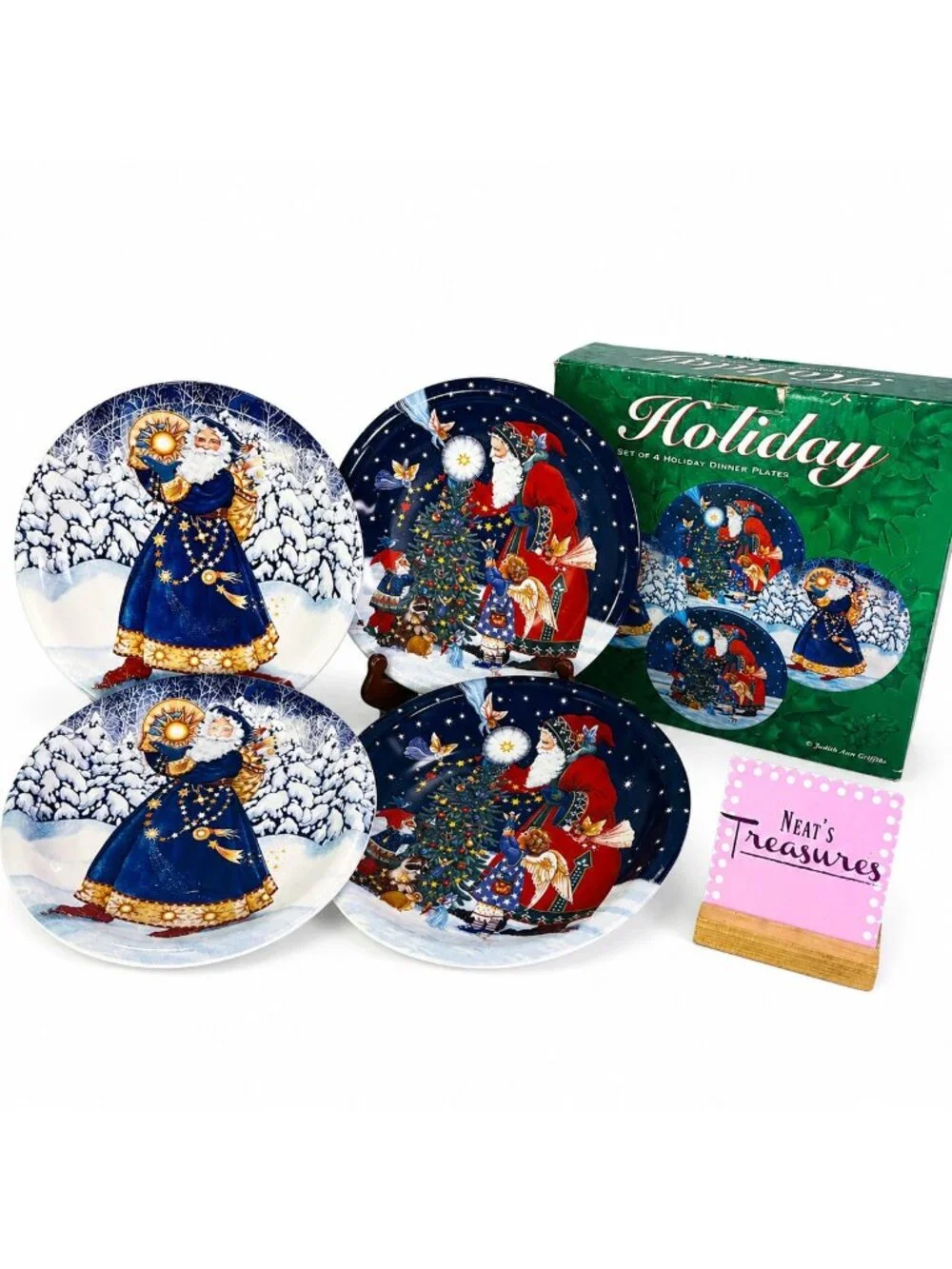Certified Inter STARLIGHT SANTA Judith Griffith Christmas Dinner Plate Set 4 NEW